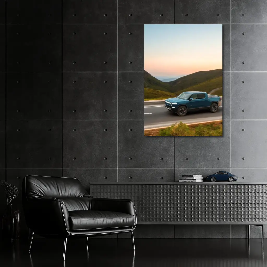 Rivian R1T Truck Rolling Through Mountain Valley – Wall Art