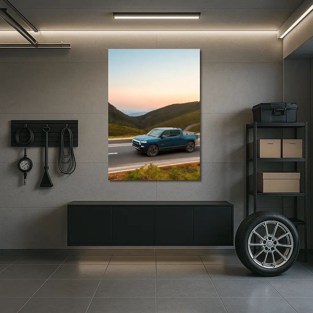 Rivian R1T Truck Rolling Through Mountain Valley – Wall Art
