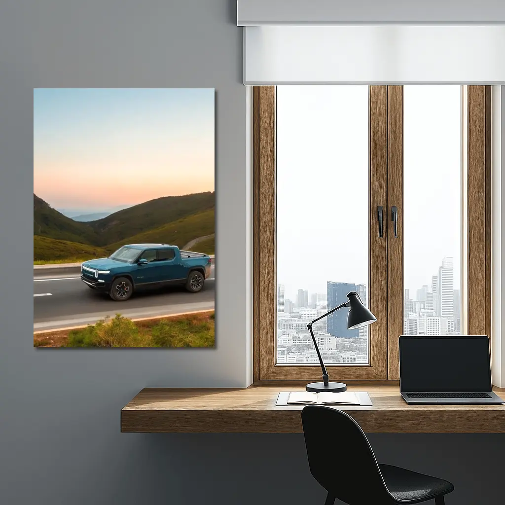 Rivian R1T Truck Rolling Through Mountain Valley – Wall Art