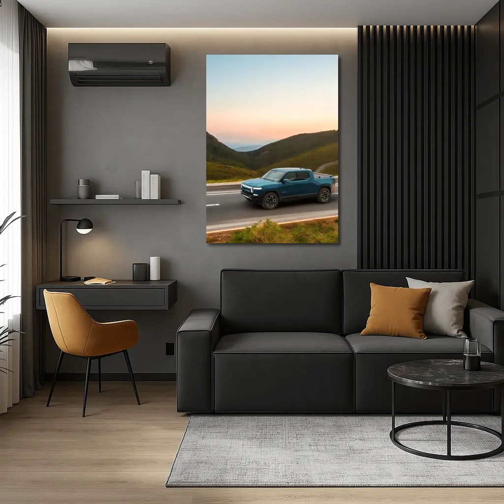 Rivian R1T Truck Rolling Through Mountain Valley – Wall Art