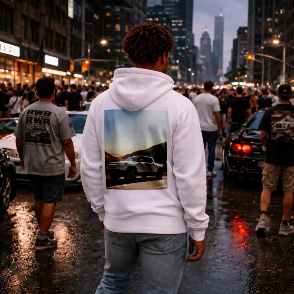 Rivian R1T Electric Truck Mountain Highway Sunrise – Hoodies