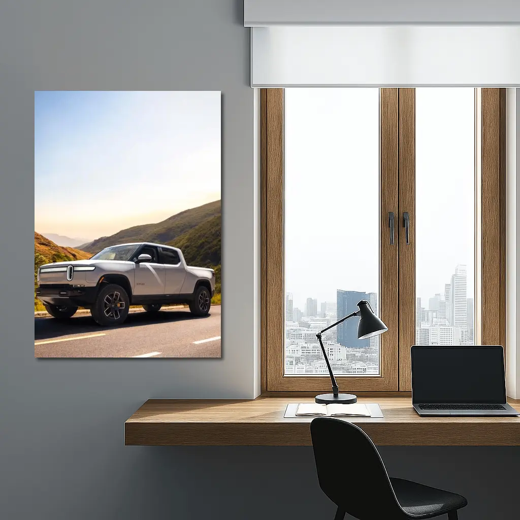Rivian R1T Electric Truck Mountain Highway Sunrise – Wall Art