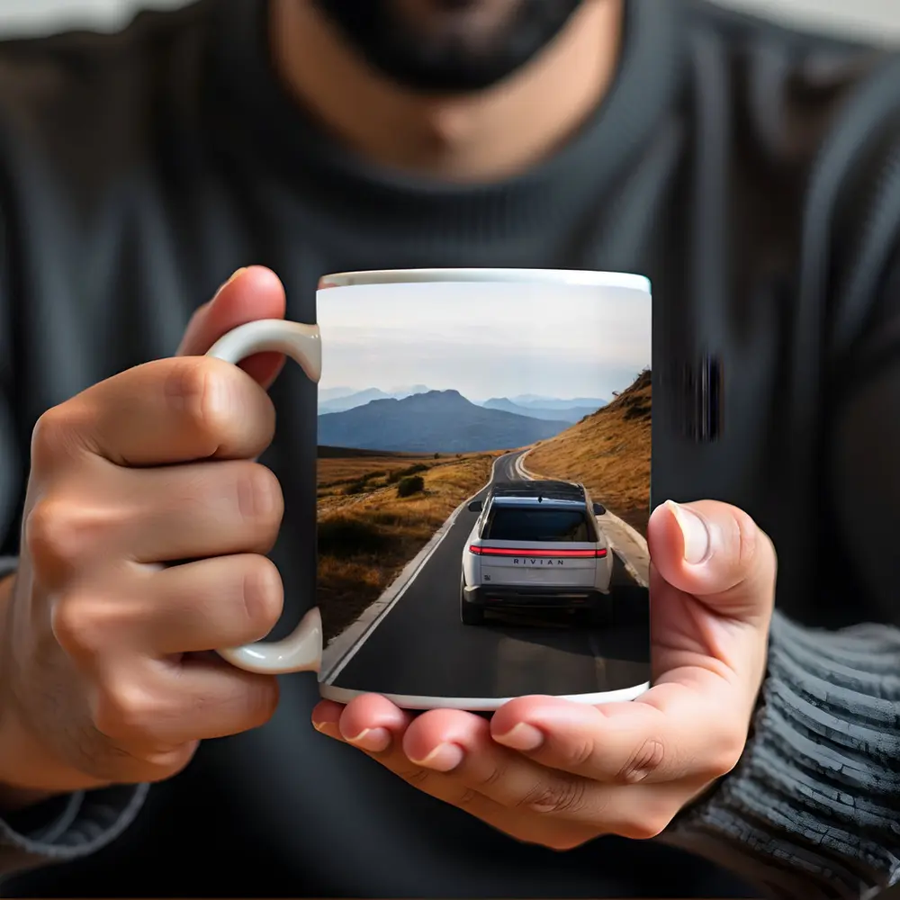 Rivian R1S On Mountain Road At Dusk – Mugs