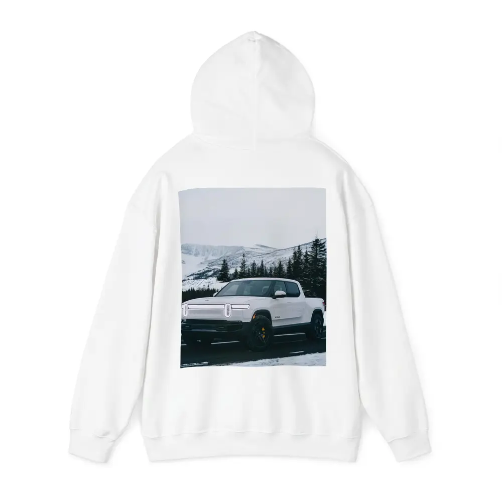 Rivian R1T White Truck Snowy Mountain Road – Hoodies