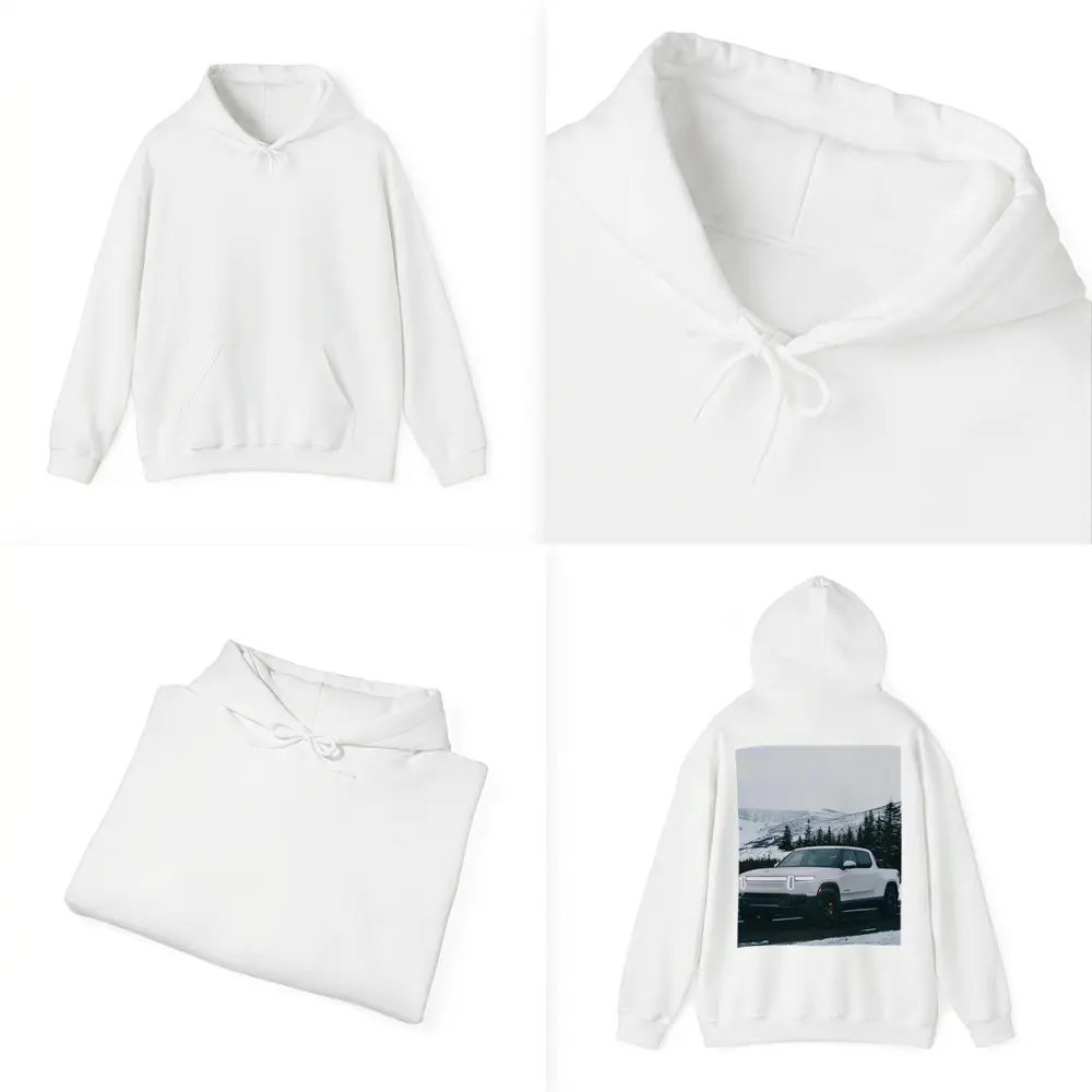 Rivian R1T White Truck Snowy Mountain Road – Hoodies