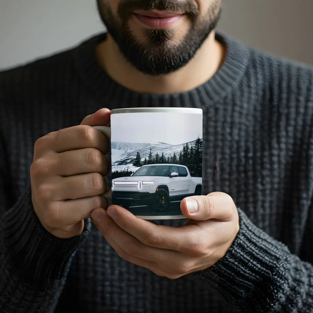 Rivian R1T White Truck Snowy Mountain Road – Mugs