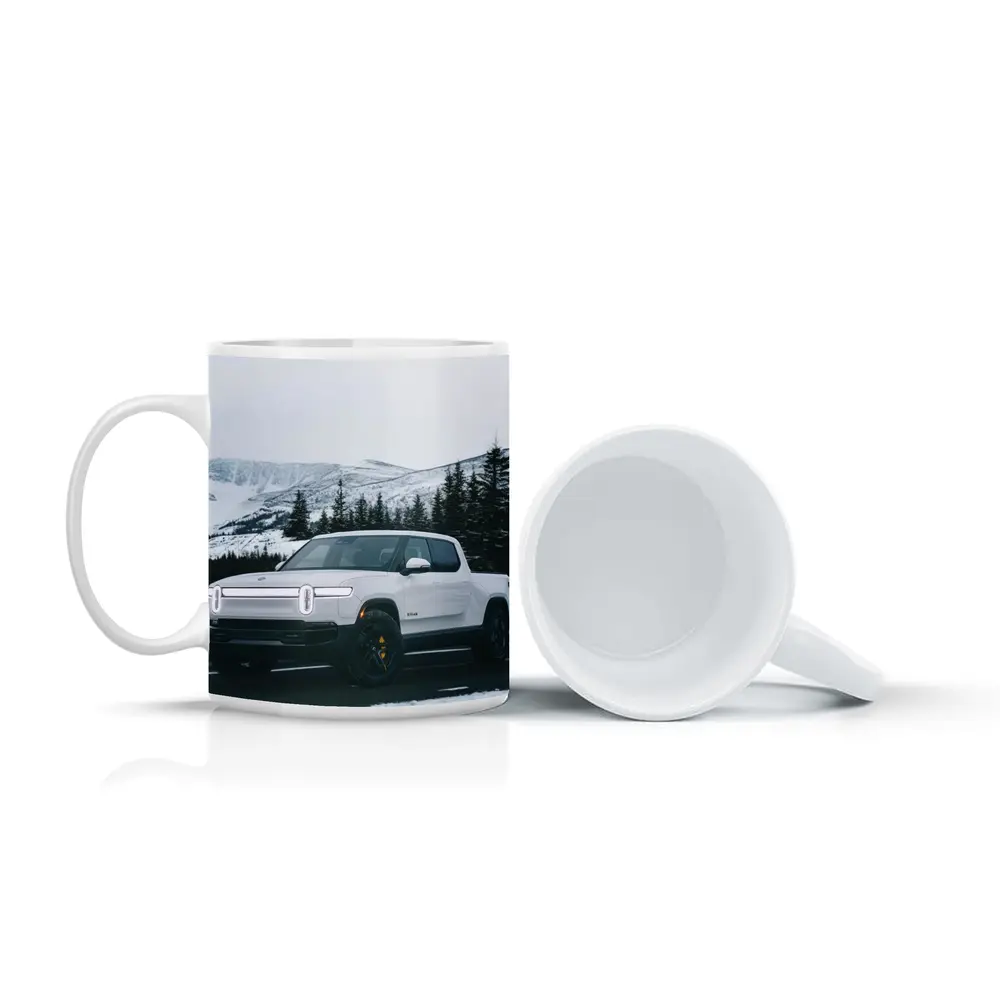 Rivian R1T White Truck Snowy Mountain Road – Mugs