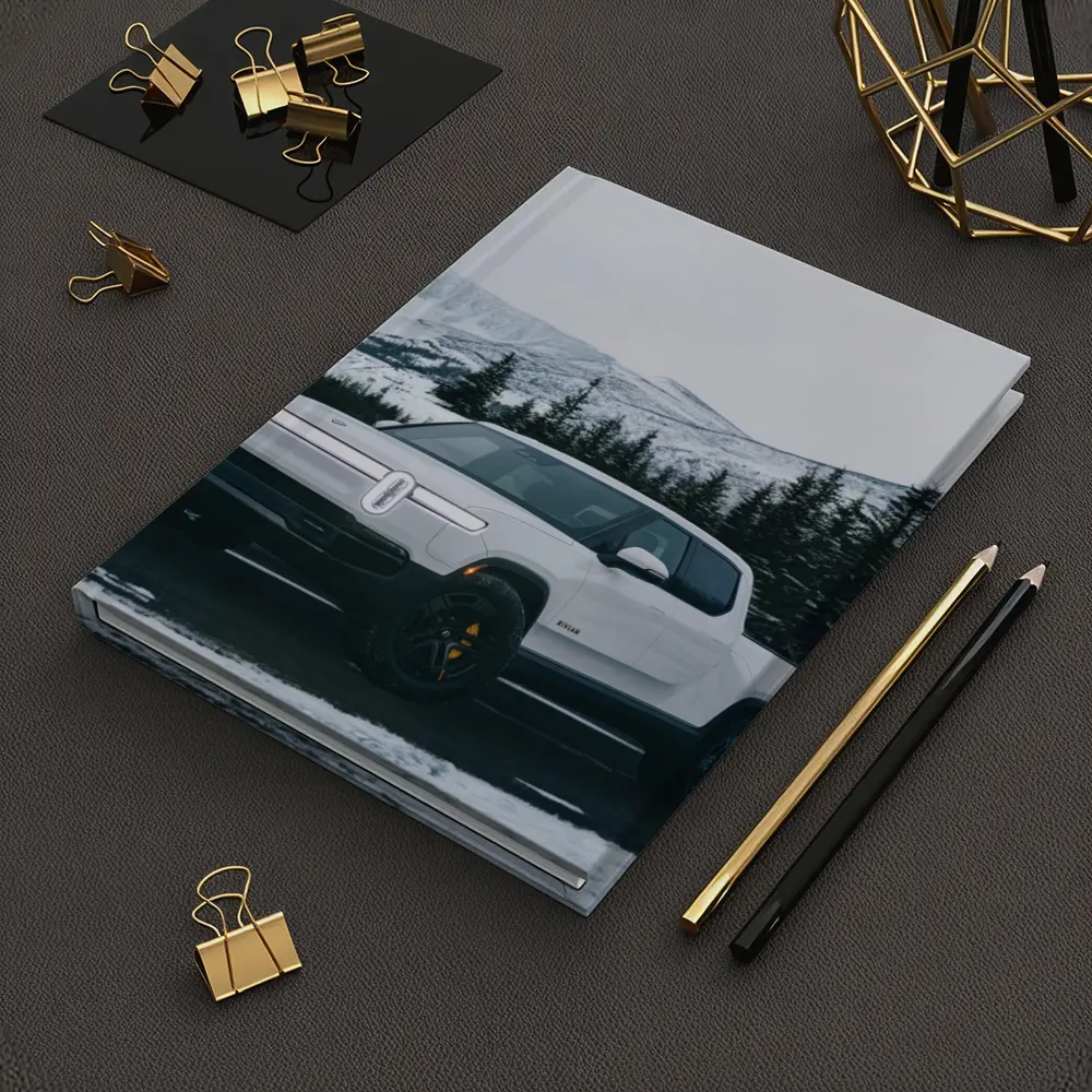 Rivian R1T White Truck Snowy Mountain Road – Notebooks