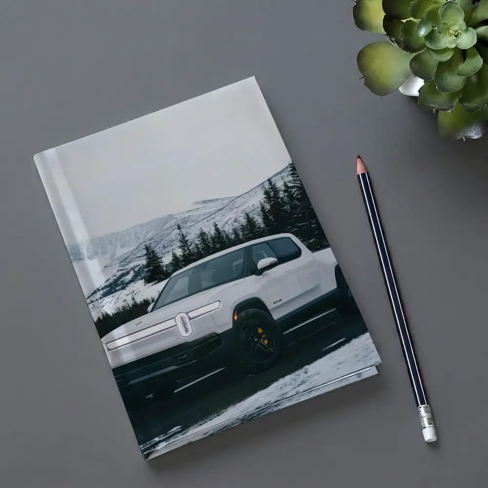 Rivian R1T White Truck Snowy Mountain Road – Notebooks