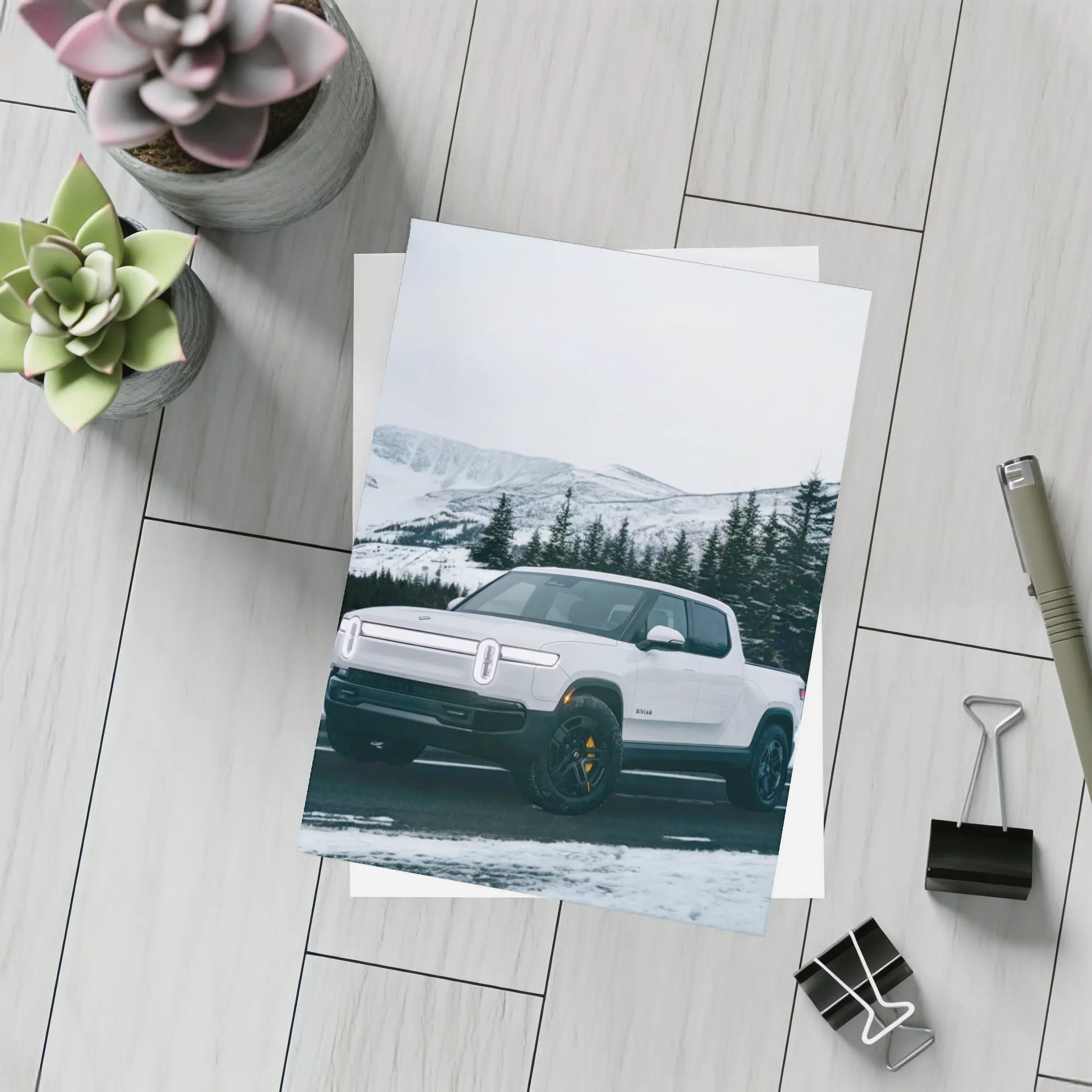 Rivian R1T White Truck Snowy Mountain Road – Postcards