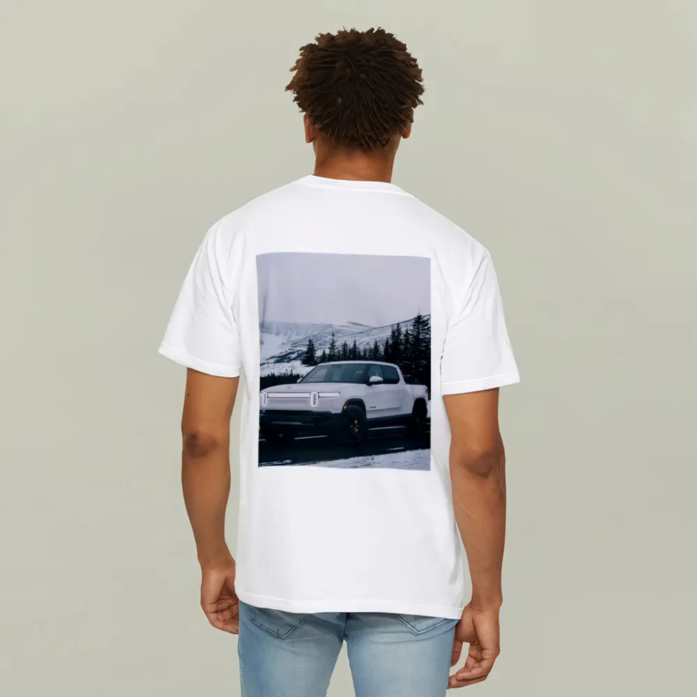 Rivian R1T White Truck Snowy Mountain Road – T-Shirts