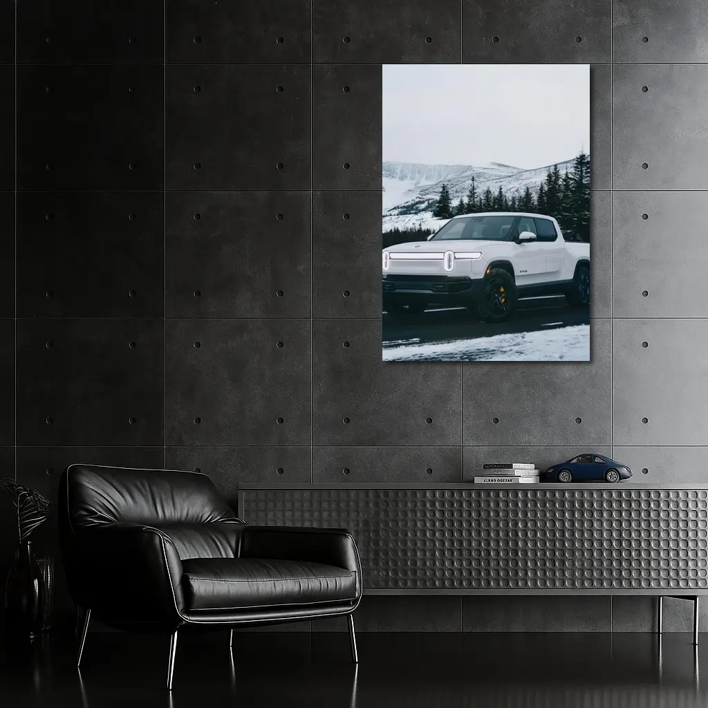 Rivian R1T White Truck Snowy Mountain Road – Wall Art