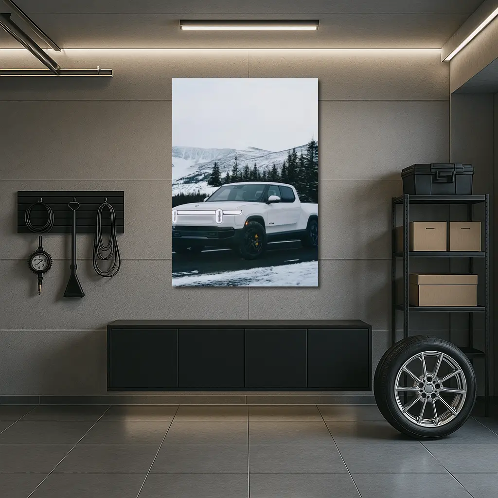 Rivian R1T White Truck Snowy Mountain Road – Wall Art