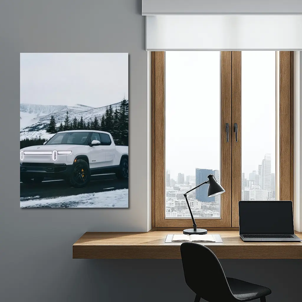 Rivian R1T White Truck Snowy Mountain Road – Wall Art