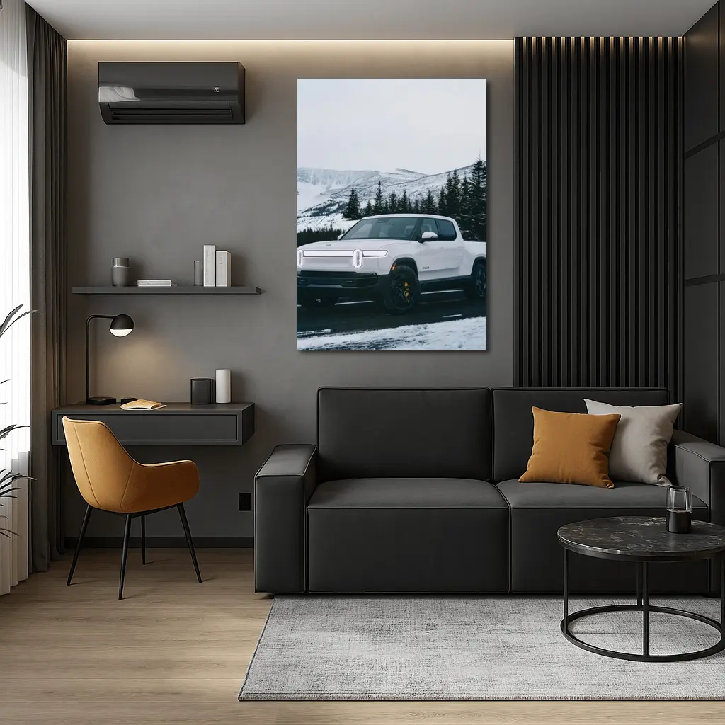 Rivian R1T White Truck Snowy Mountain Road – Wall Art