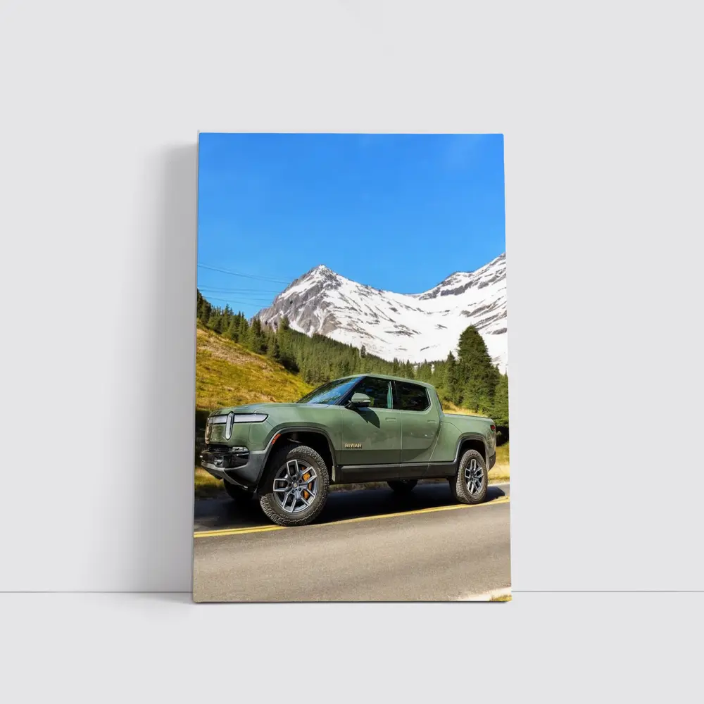 Rivian R1T Green Truck Snowy Mountain Road – Wall Art