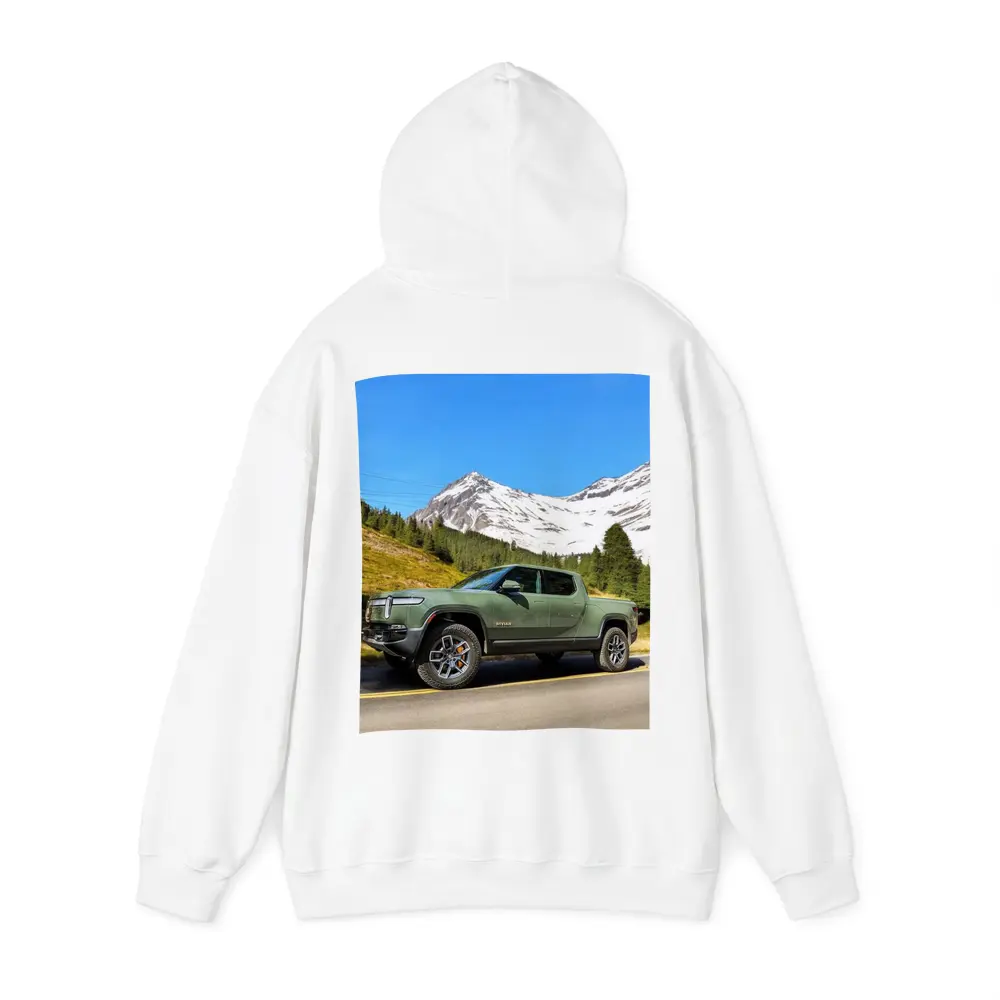 Rivian R1T Green Truck Snowy Mountain Road – Hoodies
