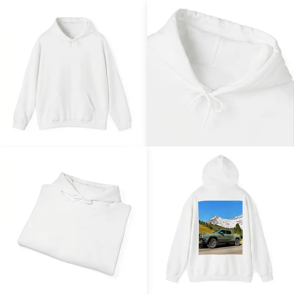 Rivian R1T Green Truck Snowy Mountain Road – Hoodies