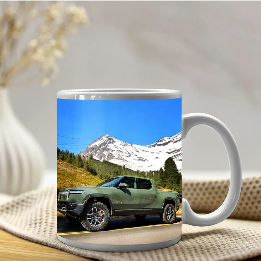 Rivian R1T Green Truck Snowy Mountain Road – Mugs