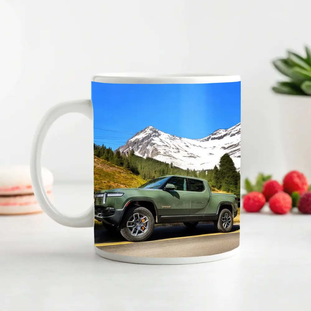 Rivian R1T Green Truck Snowy Mountain Road – Mugs