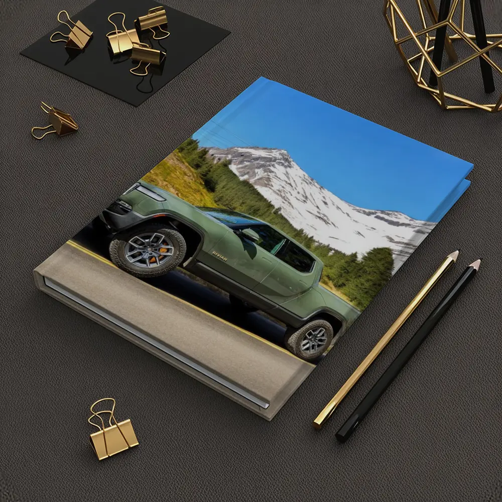 Rivian R1T Green Truck Snowy Mountain Road – Notebooks
