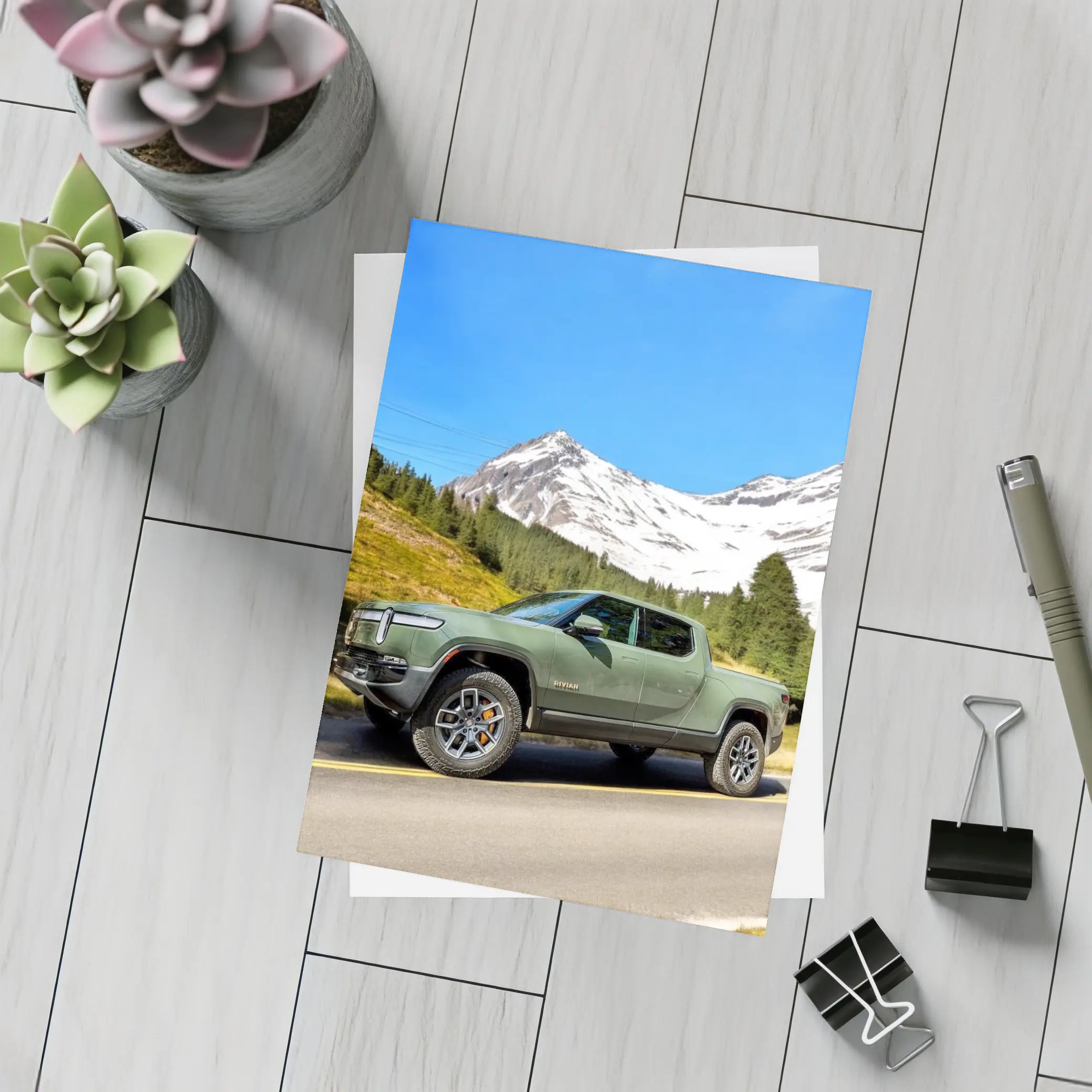 Rivian R1T Green Truck Snowy Mountain Road – Postcards