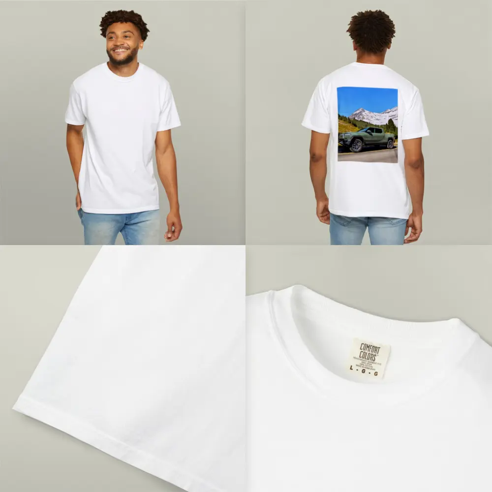 Rivian R1T Green Truck Snowy Mountain Road – T-Shirts