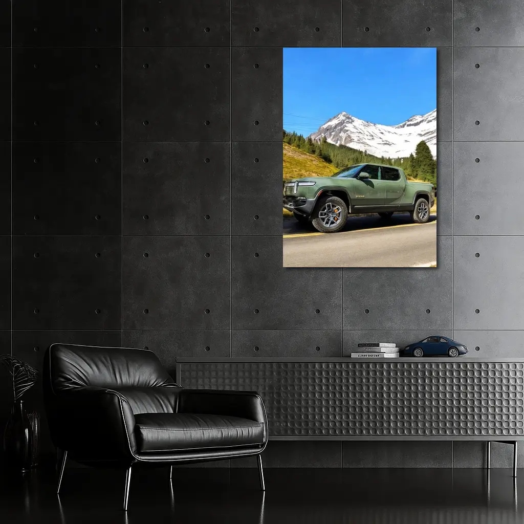 Rivian R1T Green Truck Snowy Mountain Road – Wall Art