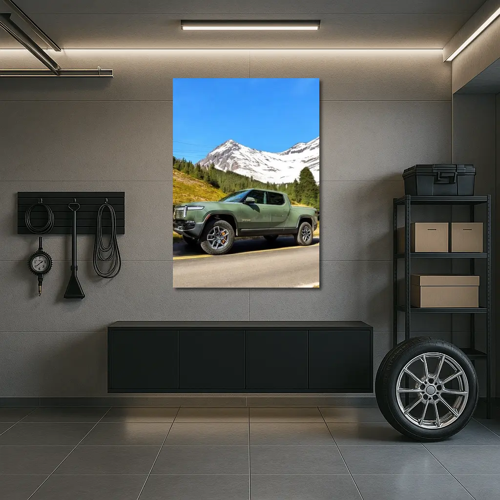 Rivian R1T Green Truck Snowy Mountain Road – Wall Art