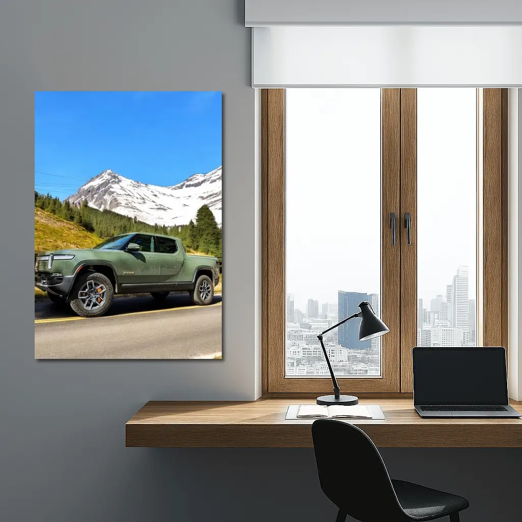 Rivian R1T Green Truck Snowy Mountain Road – Wall Art