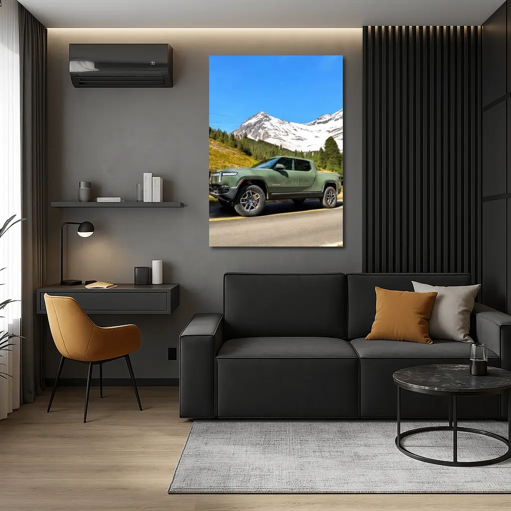 Rivian R1T Green Truck Snowy Mountain Road – Wall Art