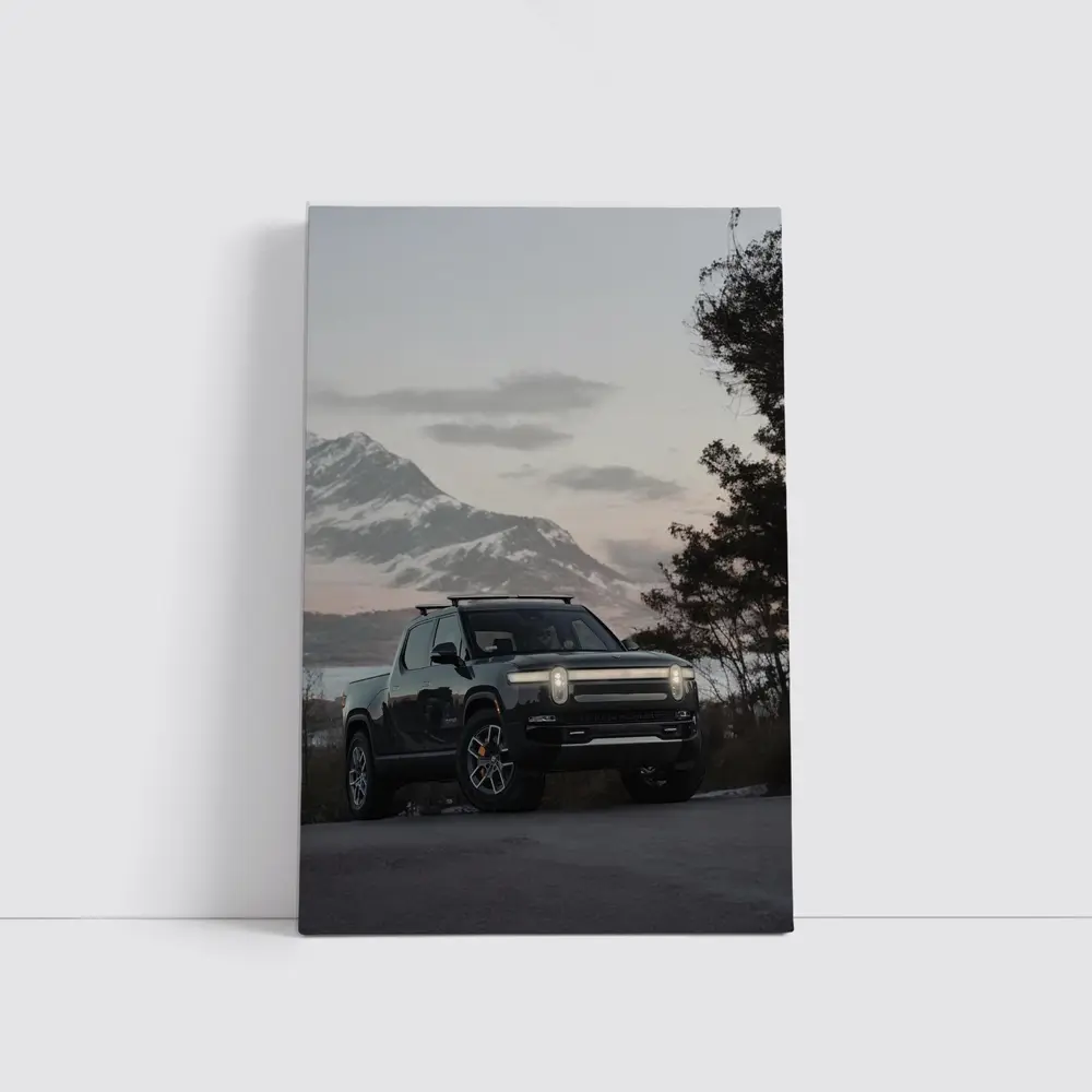 Rivian R1T Black Truck Winter Mountain Dusk – Wall Art