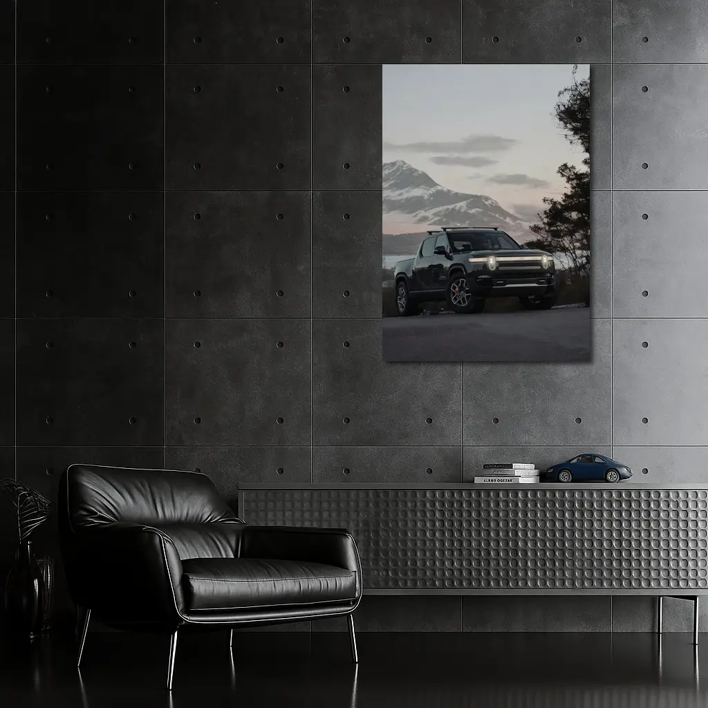 Rivian R1T Black Truck Winter Mountain Dusk – Wall Art