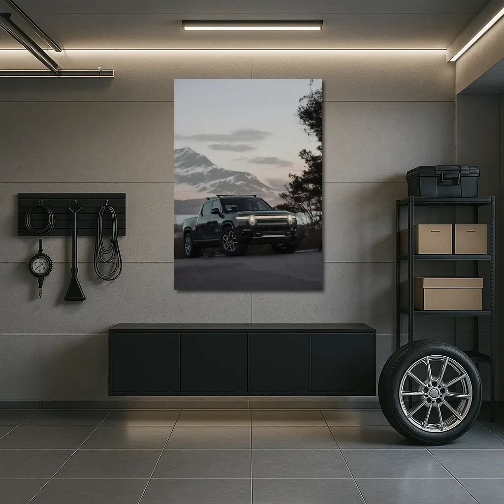 Rivian R1T Black Truck Winter Mountain Dusk – Wall Art