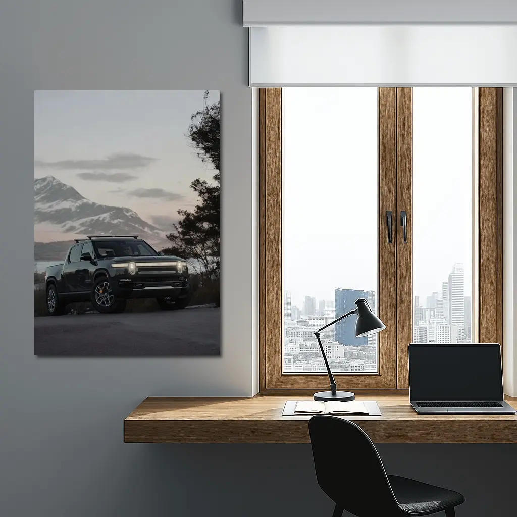 Rivian R1T Black Truck Winter Mountain Dusk – Wall Art