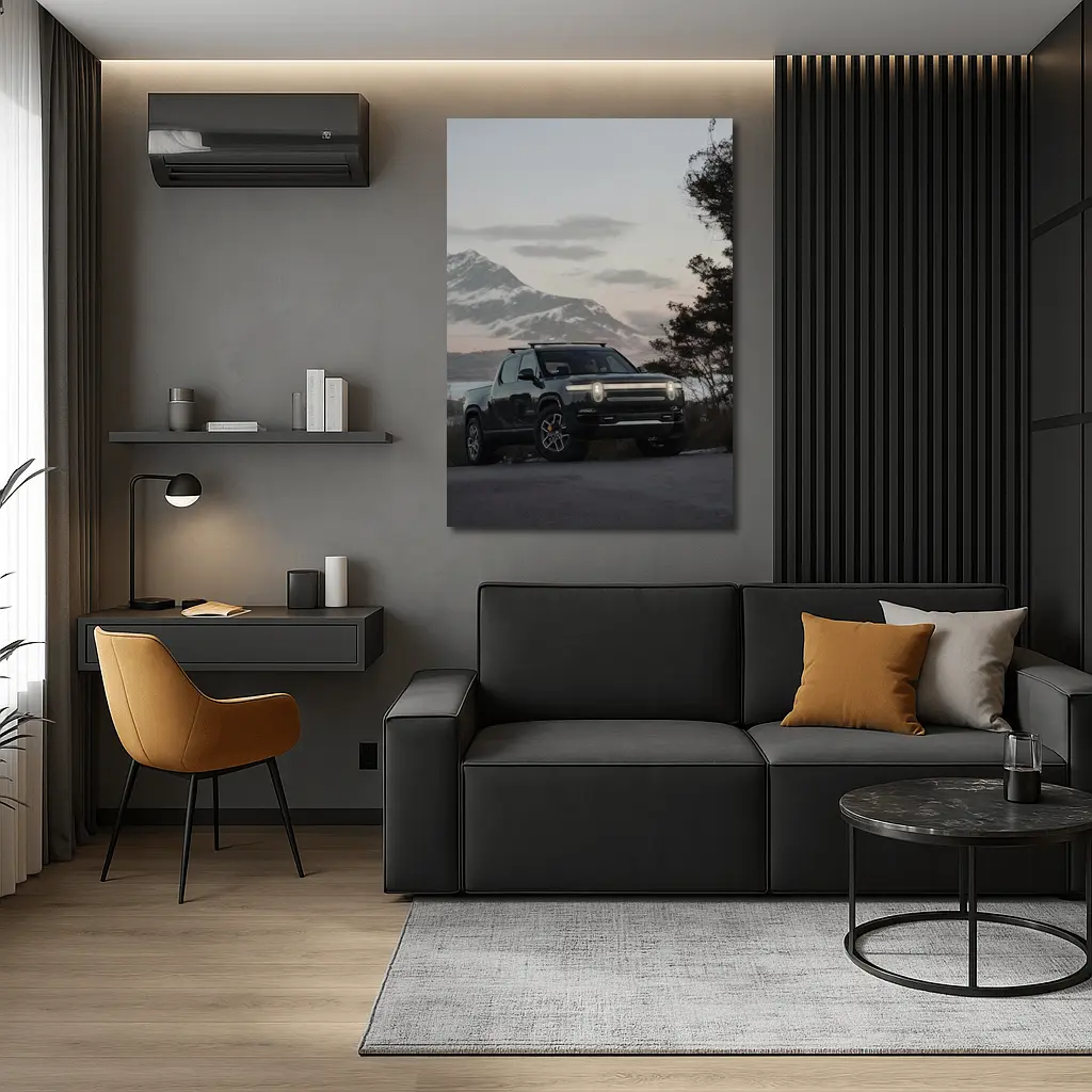 Rivian R1T Black Truck Winter Mountain Dusk – Wall Art