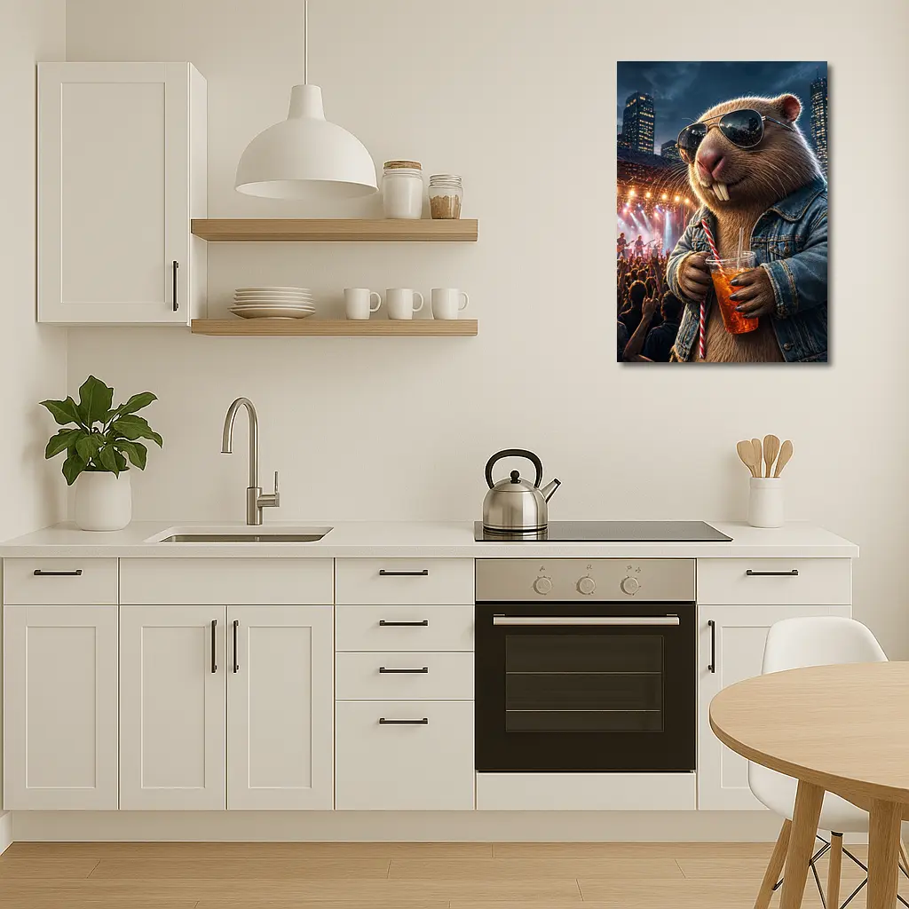 Cool Capybara Drinking at Rock Concert – Wall Art