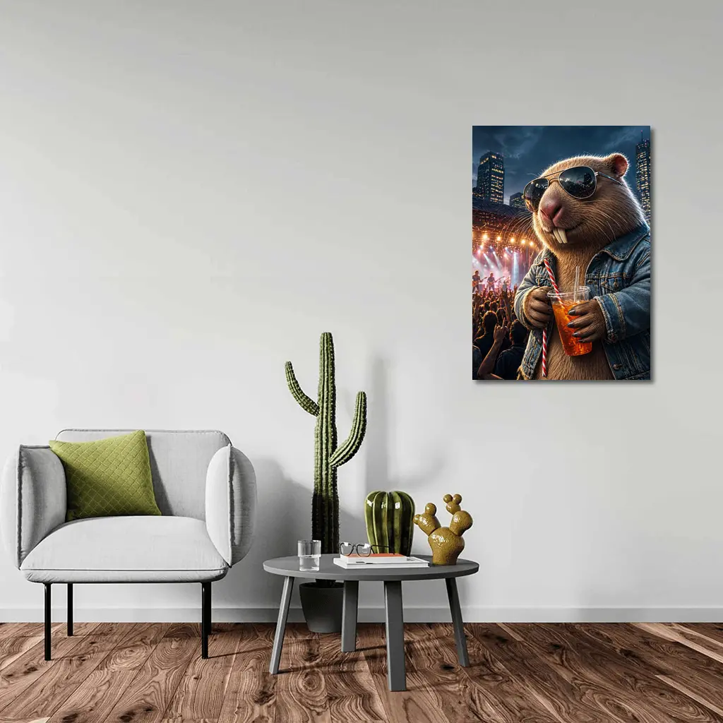 Cool Capybara Drinking at Rock Concert – Wall Art