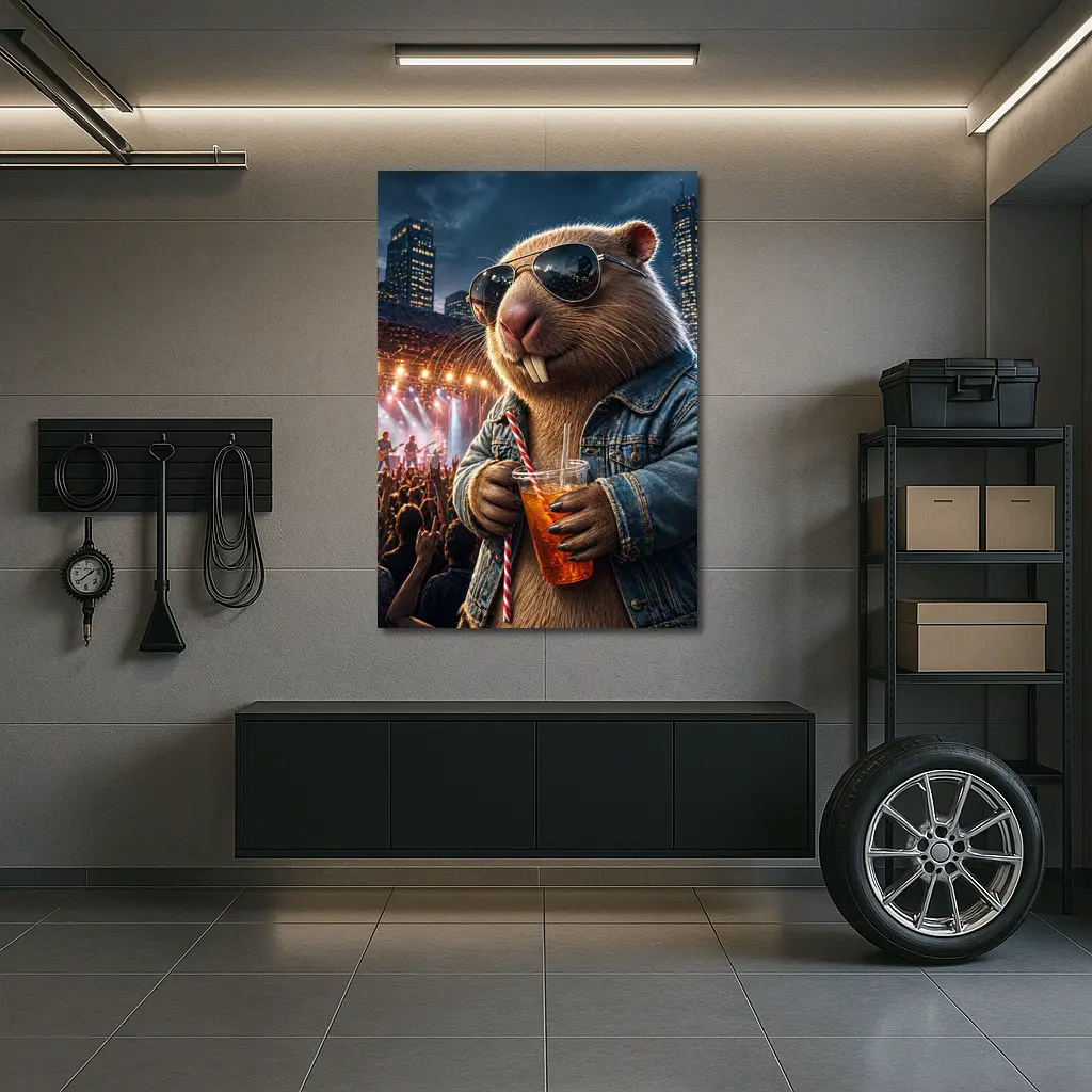 Cool Capybara Drinking at Rock Concert – Wall Art