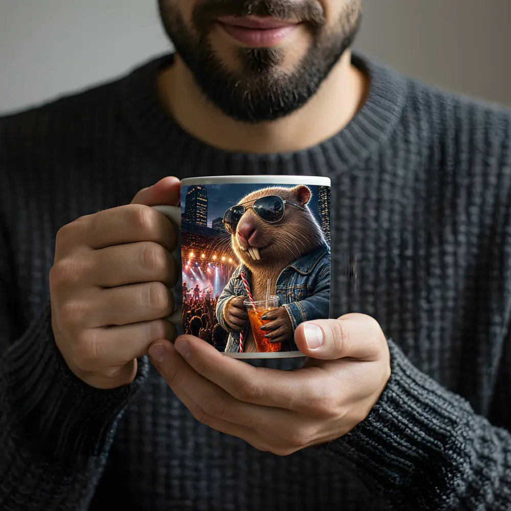 Cool Capybara Drinking at Rock Concert – Mugs