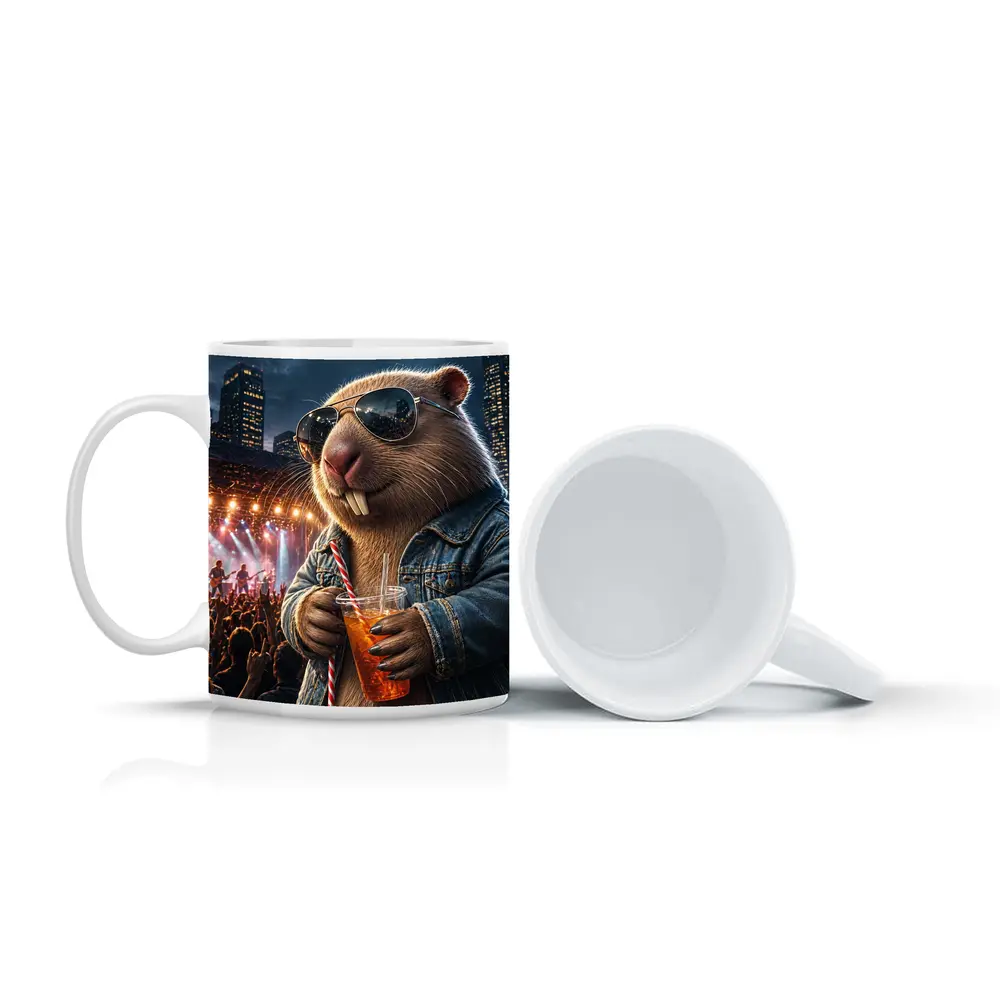 Cool Capybara Drinking at Rock Concert – Mugs