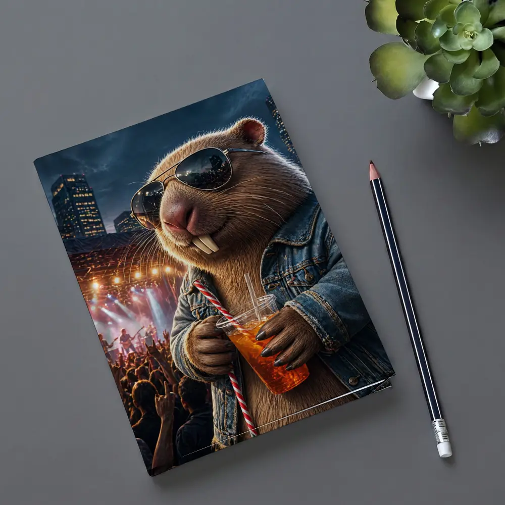 Cool Capybara Drinking at Rock Concert – Notebooks
