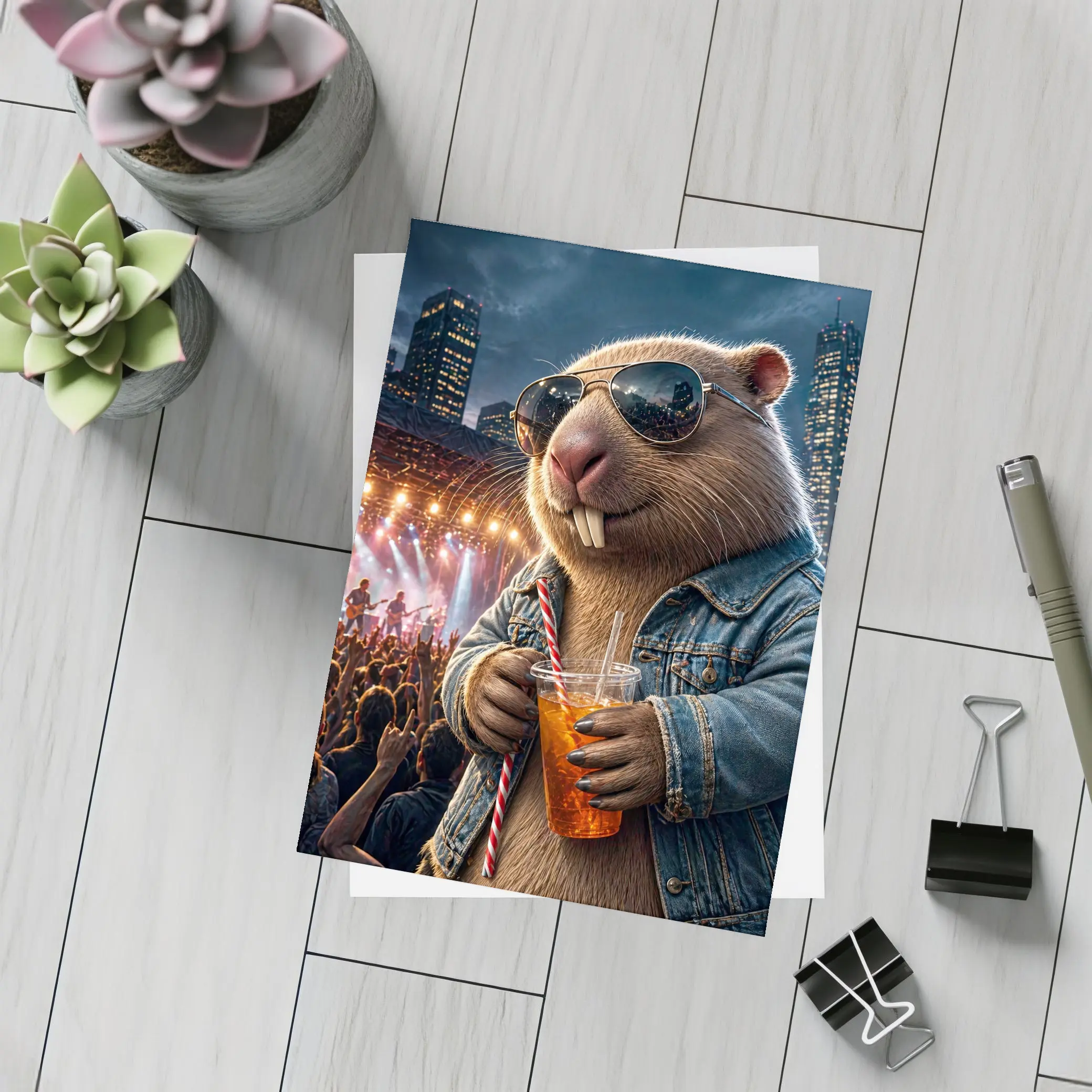 Cool Capybara Drinking at Rock Concert – Postcards