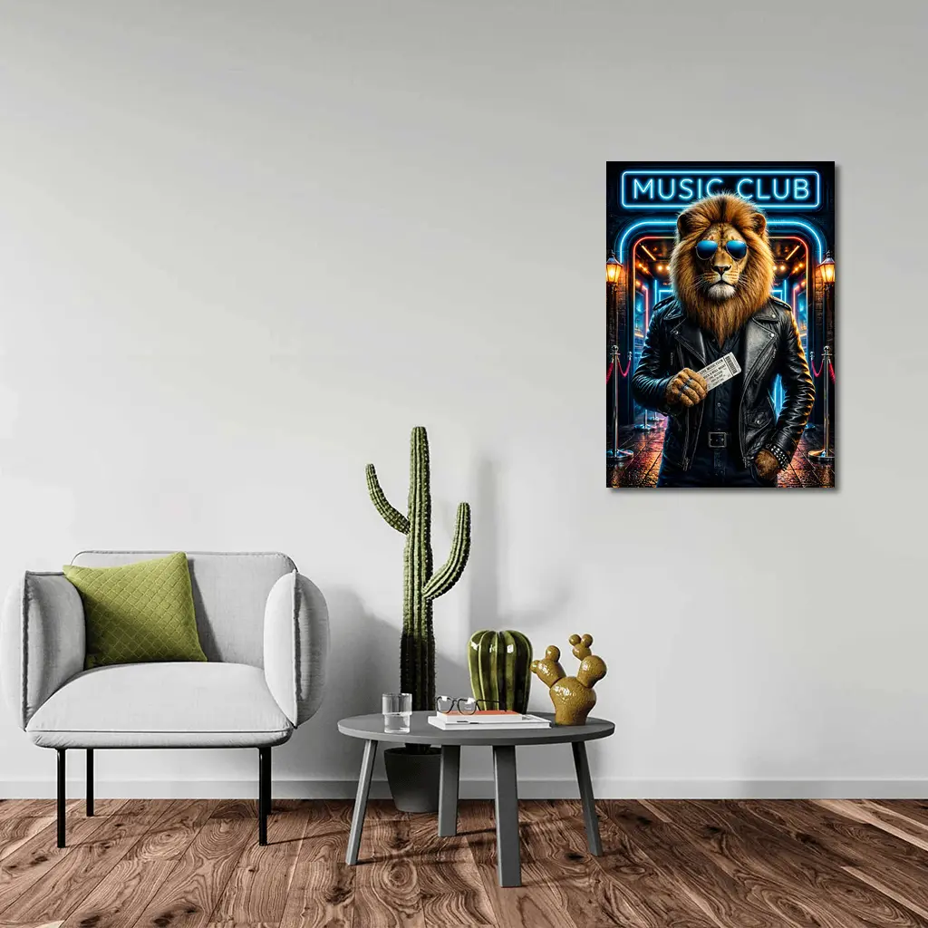 Lion in Leather Jacket at Music Club – Wall Art