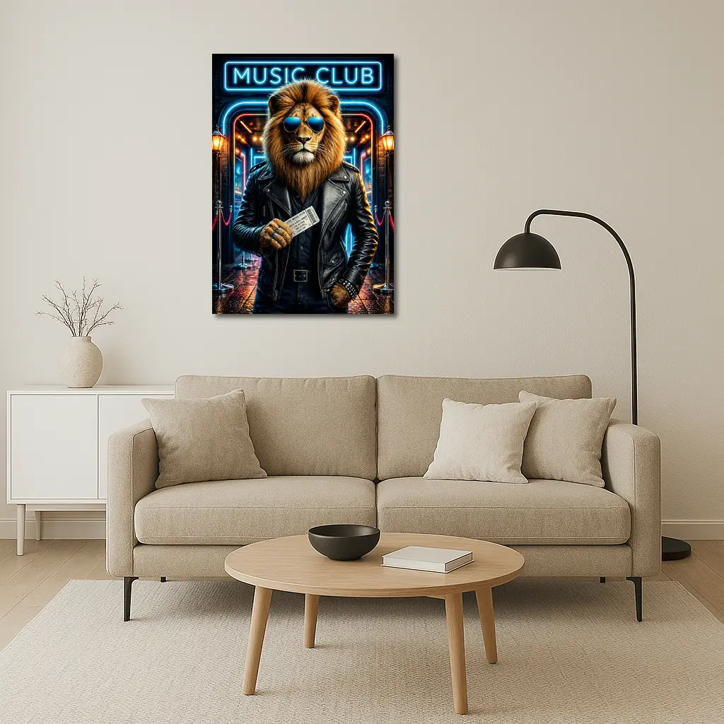 Lion in Leather Jacket at Music Club – Wall Art