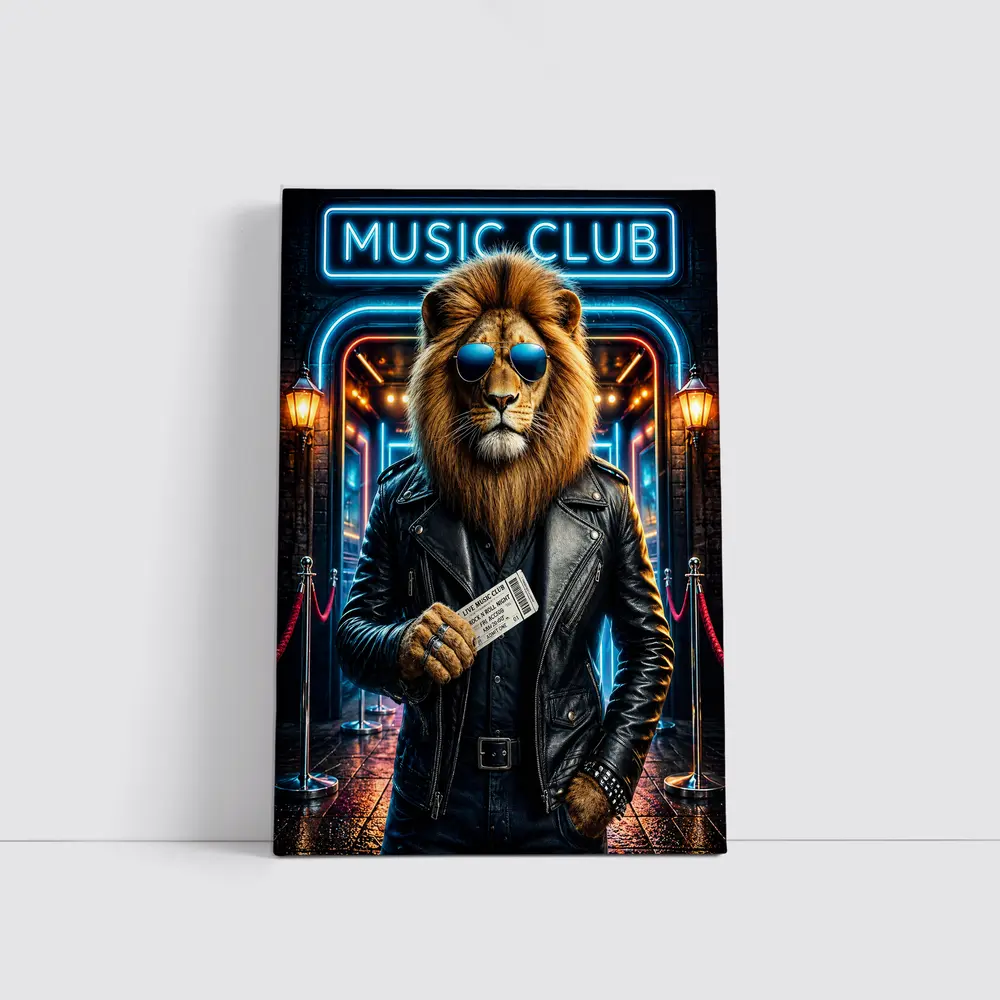 Lion in Leather Jacket at Music Club – Wall Art