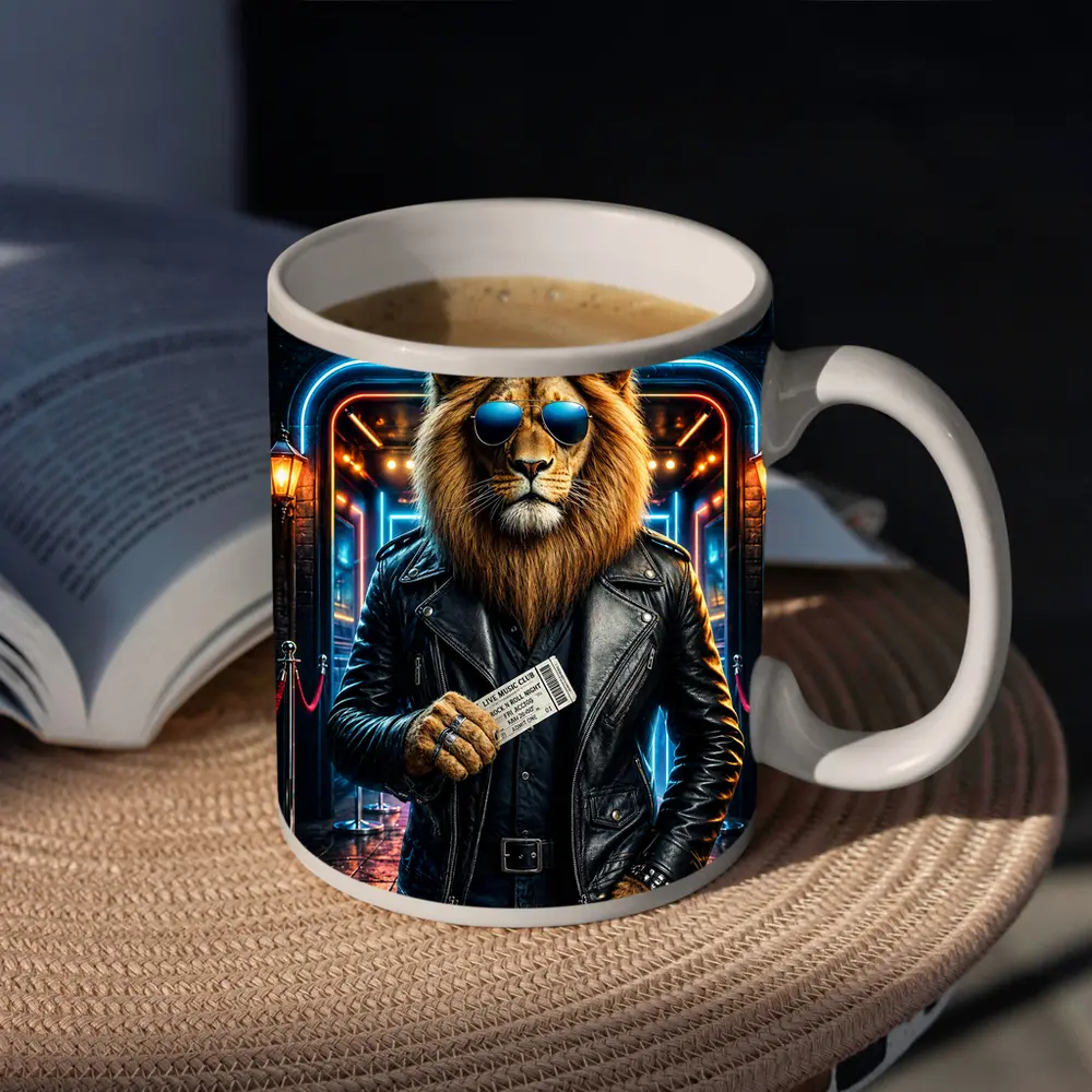 Lion in Leather Jacket at Music Club – Mugs