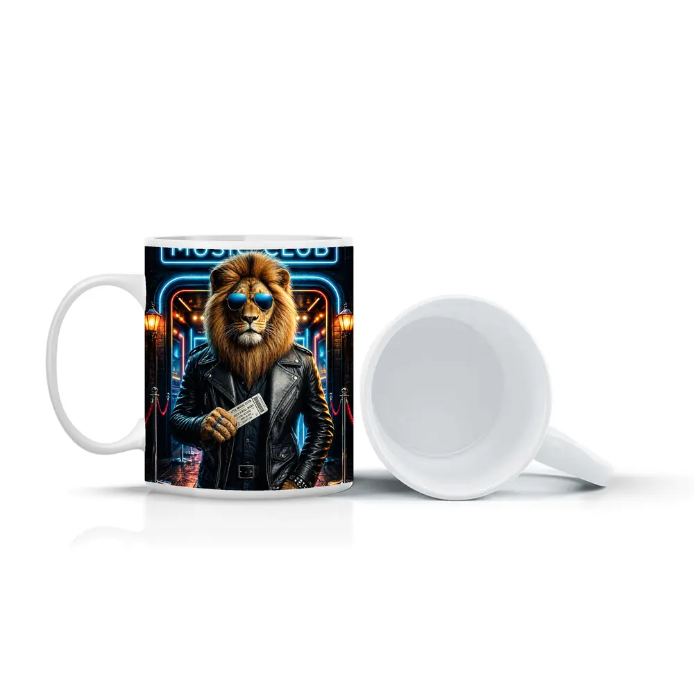 Lion in Leather Jacket at Music Club – Mugs