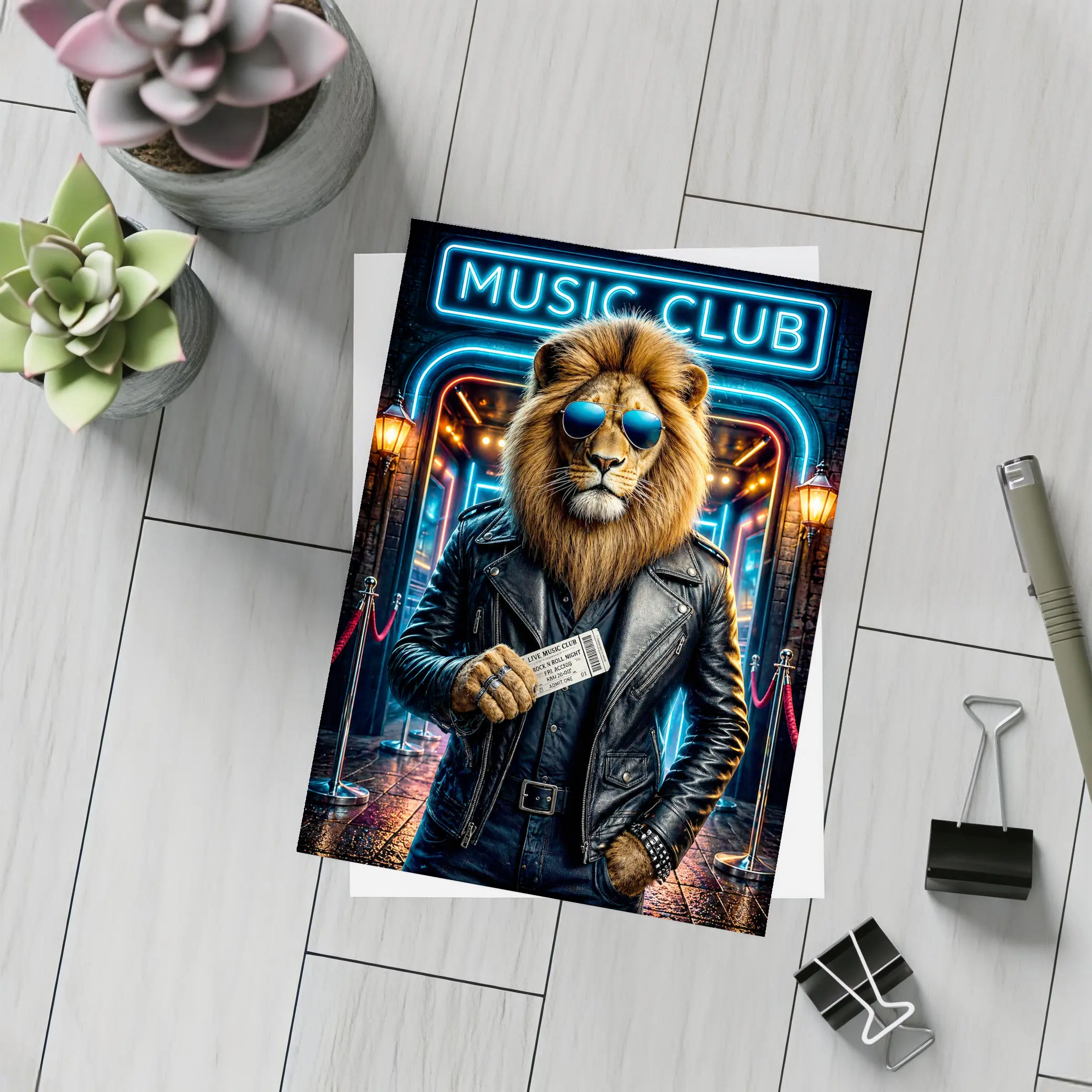 Lion in Leather Jacket at Music Club – Postcards