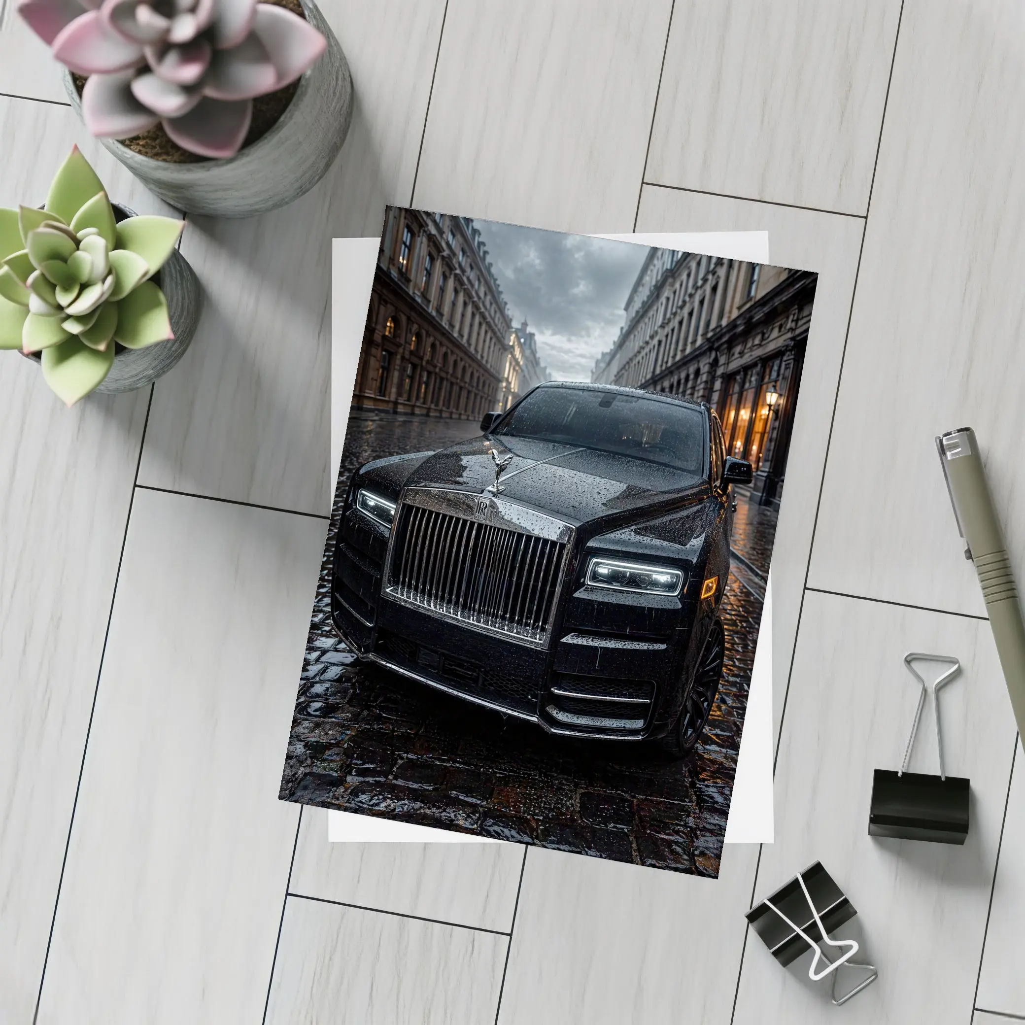 Rolls Royce Cullinan Black Rainy City Street – Postcards